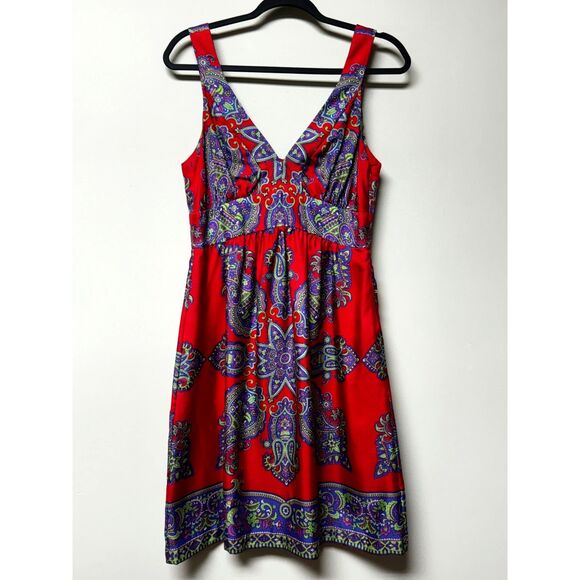 TIBI 100% Silk Red/Blue Medallion Print V-Neck Dress, Side Zip, Sz 6 - Picture 1 of 10